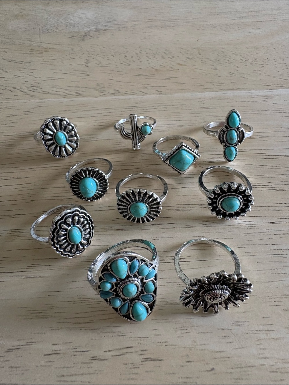 Turquoise Silver-Tone Cluster Rings - Set of 10